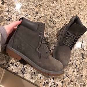 Lightly worn gray Timberlands